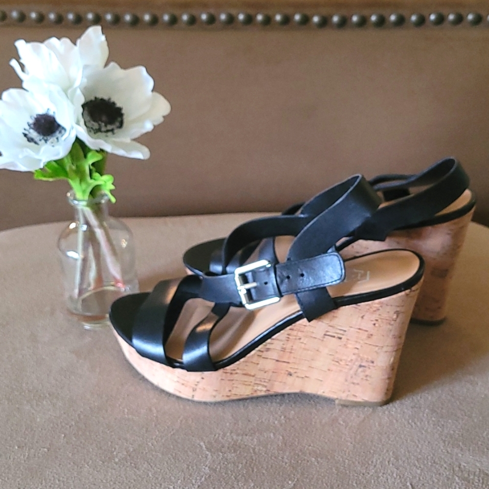 Franco Sarto black wedge sandals size 6. GUC. Strappy ankle. Summer wedges. Cute